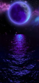Purple moon shining over an ocean with starry sky.