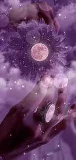 Hands reaching for purple moon with clouds and flowers.