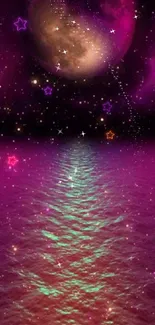 Vibrant purple moonlit ocean mobile wallpaper with stars.