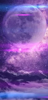 Purple moon in starry night sky with mountains.