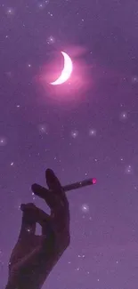 Silhouette of hand holding smoking object under a purple crescent moon.