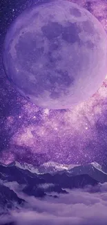 Mystical purple moon and stars wallpaper with mountains.