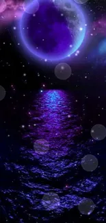 Purple moonlight reflecting on dark waters under a starry sky.