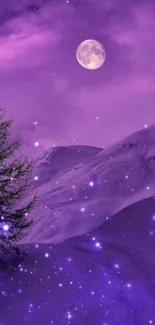 Purple night landscape with moonlit mountains and a serene view.