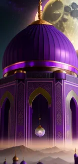 Mystical purple mosque under moonlight with a serene night sky backdrop.