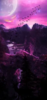 Purple mountain landscape with celestial sky in fantasy style.