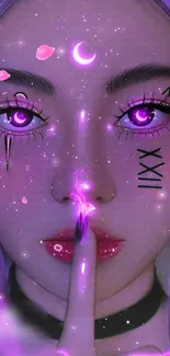 Mystical purple neon female portrait wallpaper.