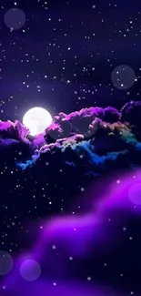 Purple night sky with glowing stars and a full moon.