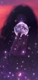 Silhouette holding a glowing moon with purple and pink starry night.