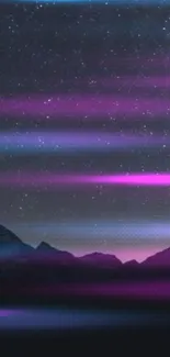 Mystical purple night sky with stars and mountain silhouettes.