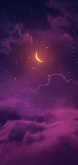 Mystical night sky with a crescent moon and glowing stars in a purple hue.