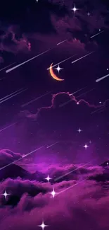 Crescent moon above purple clouds in a mystical night sky.