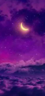 Mystical purple sky with crescent moon and stars on a mobile wallpaper.