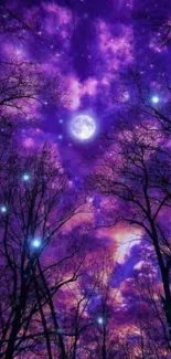 Mystical purple night sky with bright stars and silhouetted trees.