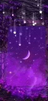 Purple night sky with crescent moon and stars framed by ivy-covered walls.