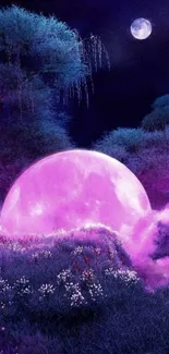 Mystical purple night scene with glowing moon and enchanting trees.