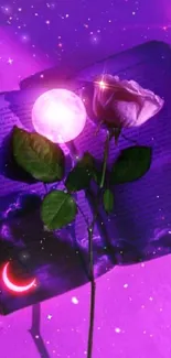 Purple night with glowing moon and rose, mystical mobile wallpaper.