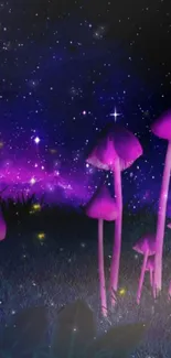 Purple mushrooms glowing under a starry night sky.