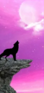 Mystical purple nightscape with wolf silhouette on cliffs.