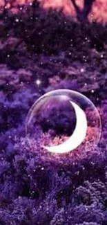 Purple nightscape with crescent moon art.