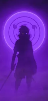 Purple ninja silhouette with mystical aura on mobile wallpaper.