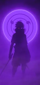 Mystical purple ninja silhouette with a glowing circle backdrop on a mobile wallpaper.