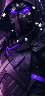 Purple-themed ninja in futuristic attire with snowflakes.