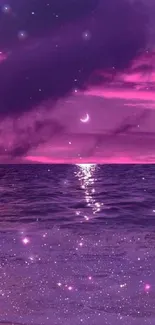 Mystical purple ocean under crescent moon with sparkling water.