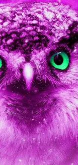 Purple cosmic owl with glowing green eyes in a mystical design.