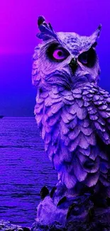 Purple owl overlooking ocean at twilight.