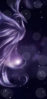 Ethereal purple phoenix in a cosmic scene.