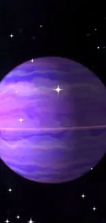 Purple planet with rings in a starry space background.