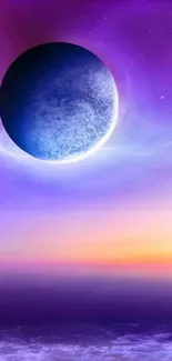 Mystical purple planet above a colorful horizon.