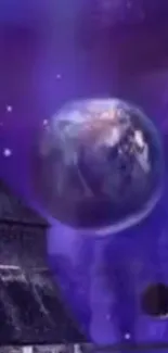 Purple mystical planet scene with a floating orb in space.