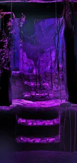 Mystical purple portal surrounded by stones and vines, creating an enchanting scene.