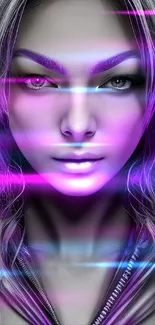 Artistic wallpaper of a woman with luminous purple accents and mystical aura.