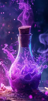 Vibrant purple potion in a glass bottle with magical vapor.