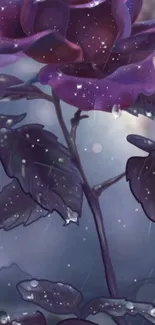 Mystical purple rose with rain and sparkles.