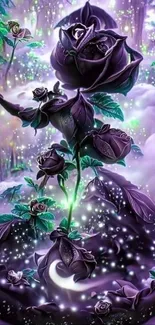 Mystical purple rose in magical forest setting wallpaper.