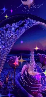 Purple rose nightscape with crescent moon and glass arc.