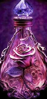 Mystical purple rose in ornate glass bottle with violet hues.