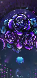 Mystical purple rose wallpaper with celestial symbols.