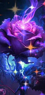 Mystical purple rose with neon glow on dark background.