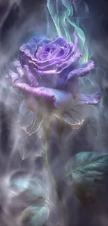 A mystical purple rose enveloped in ethereal smoke on a dark background.