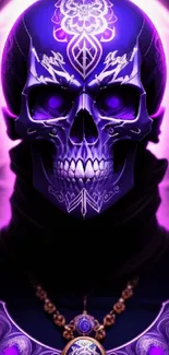 Mystical purple skull with intricate designs on a mobile wallpaper.