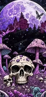 Purple-themed skull and mushroom fantasy wallpaper with a mystical night scene.