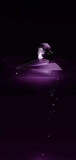 Whimsical purple night wallpaper with paper airplane and umbrella.