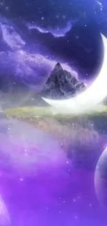 Mystical purple sky with moons and mountains wallpaper.