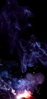 Purple smoke with sparks on a dark background, forming an artistic design.