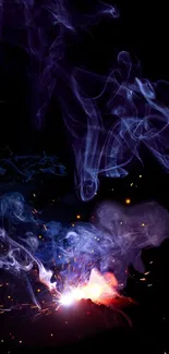 Mystical purple smoke on black wallpaper with ethereal design.